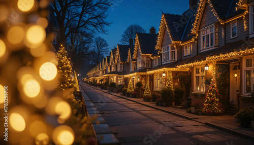 Christmas street decorated with lights, cozy houses glowing in the evening