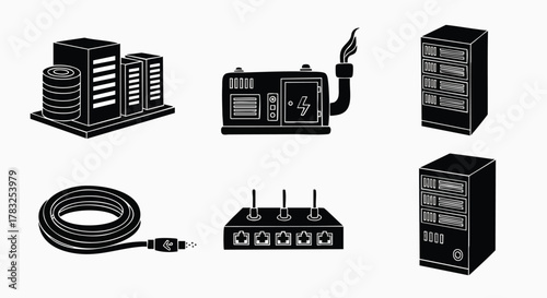 Information technology equipment data center server network elements vector illustration flat design power cable generator router datacenter hardware rack