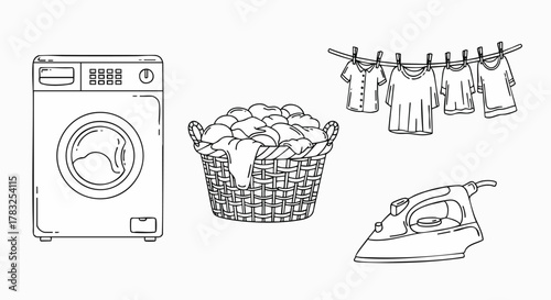 Home laundry chore essentials washing machine basket clothesline iron vector illustration flat design outline cleaning clothes graphic service domestic appliance set