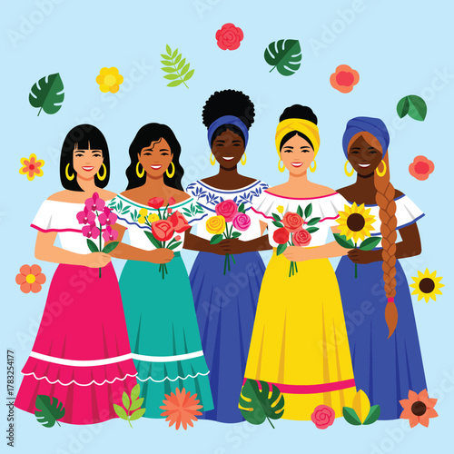 Five Diverse Women in Traditional Latin American Attire