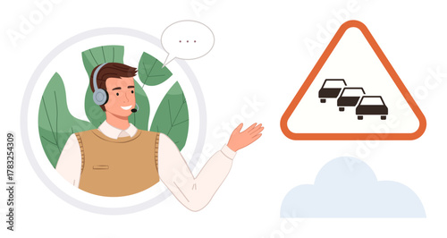 Smiling representative with headset gestures toward traffic congestion sign. Ideal for navigation, customer service, road safety, communication, call centers, transportation, awareness campaigns