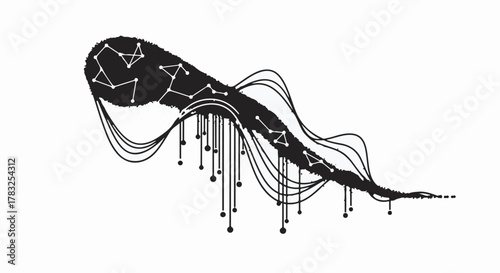 Abstract cosmic shape with constellations and flowing lines, representing space exploration and mystery.