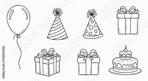 Birthday celebration party elements outline vector illustration set partyhat giftbox balloon cake icon doodle flatdesign lineart celebration