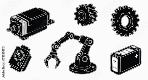 Isometric industrial automation robot parts mechanical engineering electronic components vector illustration flat design technology icons isolated objects