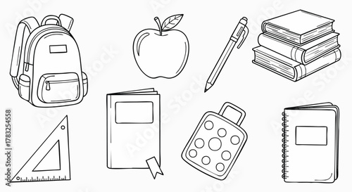 Hand drawn outline school supplies collection education items vector illustration flat design doodle black white sketch icon
