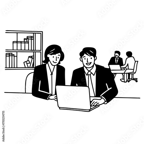 Joined work of two confident business people in formal suit working together with laptop at office with their coworkers at background