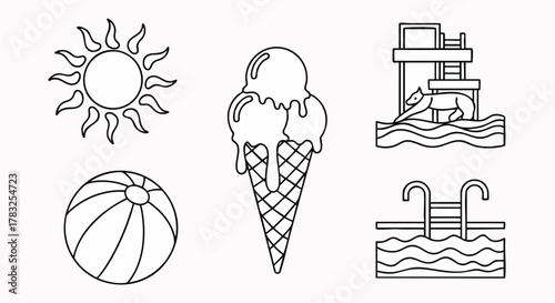 Summer vacation leisure elements and sweet dessert vector illustration flat design outline icons sun ice cream pool bear