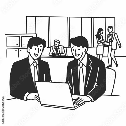 Joined work of two confident business people in formal suit working together with laptop at office with their coworkers at background