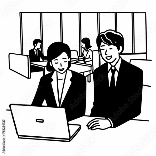 Joined work of two confident business people in formal suit working together with laptop at office with their coworkers at background