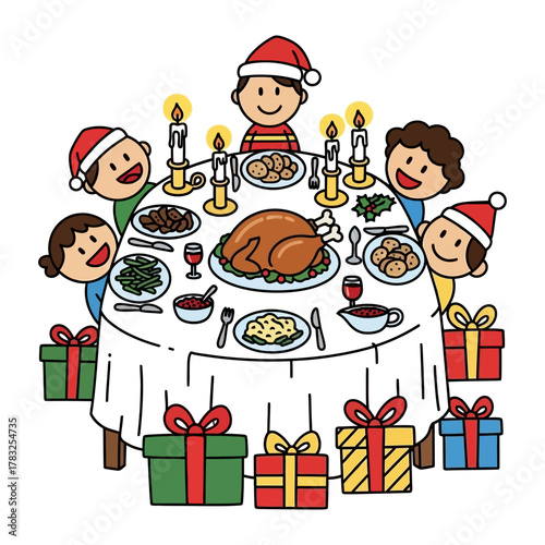 Festive Feast: Joyful family members gather around a table laden with holiday delicacies, illuminated by the warm glow of candlelight and adorned with gift-wrapped presents.