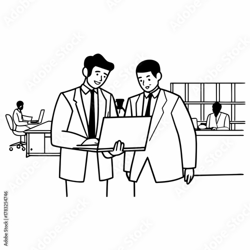 Joined work of two confident business people in formal suit working together with laptop at office with their coworkers at background
