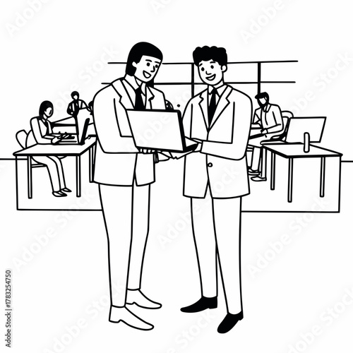 Joined work of two confident business people in formal suit working together with laptop at office with their coworkers at background