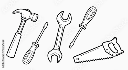 Hand tools vector illustration set for construction work repair hammer screwdriver wrench saw toolbox equipment renovation service flat design