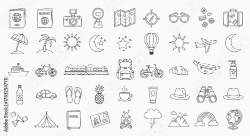 Outline black white collection travel vacation adventure icons vector illustration flat design outline line art doodle pack
