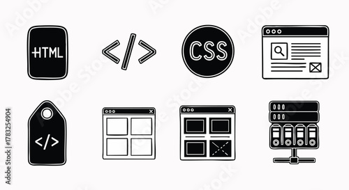 Web development programming coding technology icons vector illustration set HTML CSS server UI design flat design glyph