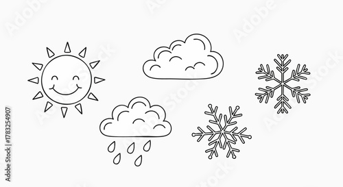 Simple weather forecast icons doodle style outline collection vector illustration flat design sun cloud rain snowflake symbol element lineart