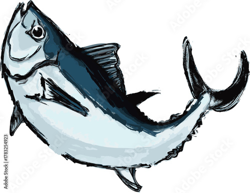 ジャンプするマグロの水墨画イラスト