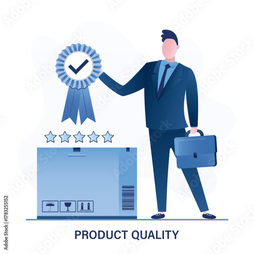 Delivery service, cardboard box or parcel. Businessman performs quality control to verify quality and provides certified results. Product quality. Best service or product.