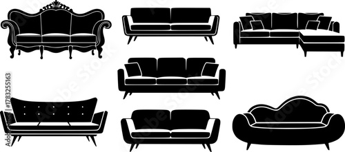 A set of silhouette couch illustrations with multiple styles.

