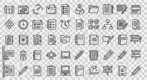 ai generative A modern vector icon sheet with 50 productivity and office tool icons. Minimal flat outline style featuring calendar,