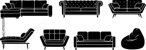 A set of silhouette couch illustrations with multiple styles.

