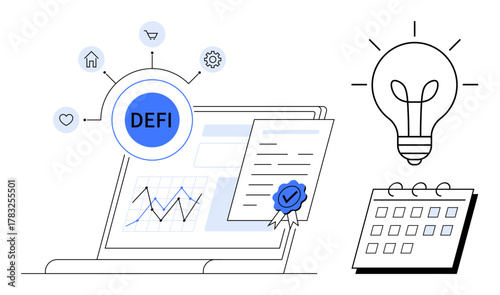 Laptop with charts, DEFI, certificate, light bulb representing ideas, floating icons, and calendar. Ideal for innovation, fintech blockchain technology strategy planning growth. Simple flat
