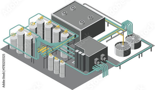 isometric industrial factory illustration, 3d processing plant layout, chemical production system, refinery pipeline network, modern engineering infrastructure design