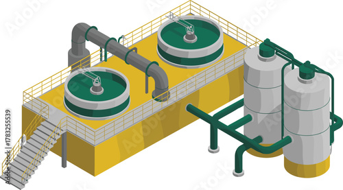 isometric industrial plant illustration, 3d factory structure, chemical processing tanks, refinery equipment, modern industry pipeline system, engineering facility design