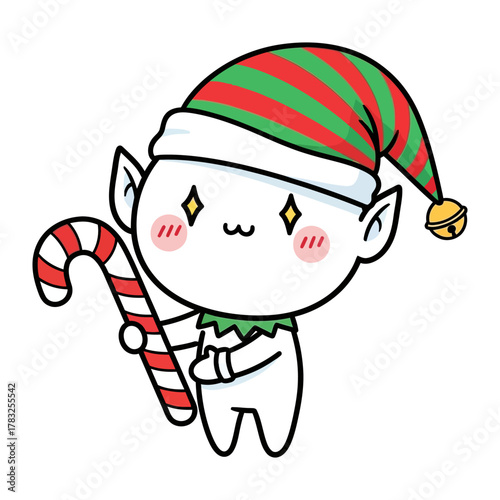 Whimsical Elf with Candy Cane: A cheerful cartoon elf, adorned in a festive striped hat, merrily holds a candy cane, embodying the playful spirit of Christmas.