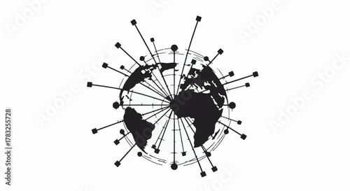 Global network connections emanating from a stylized planet Earth