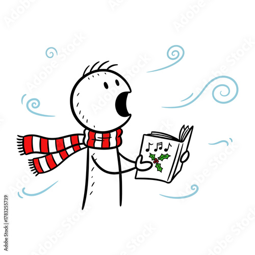 Winter Caroler's Song: A charming stick figure, wrapped in a festive scarf, sings joyfully from a songbook, as the winter wind blows softly around. 