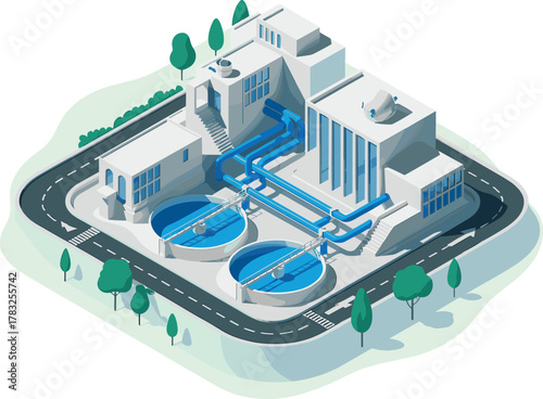isometric water treatment plant illustration, modern wastewater purification facility, clean water management system, environmental engineering design, urban infrastructure technology concept