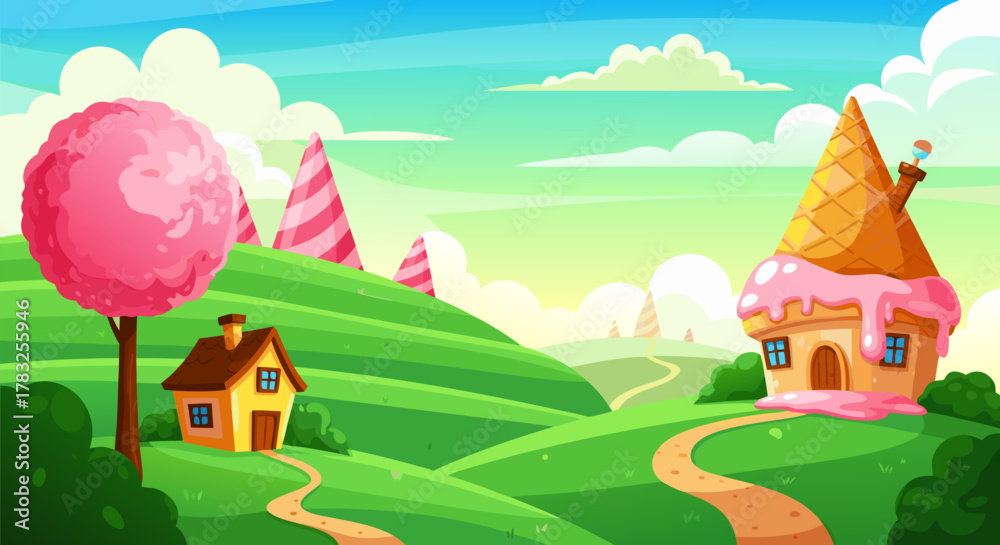 Naklejka premium Candy Land Landscape with Ice Cream Cone House and Pink Tree Illustration