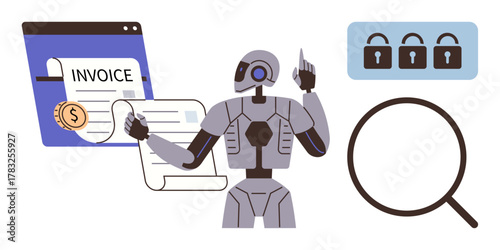 Robot handling digital invoice document, secure padlocks, and magnifying glass symbolizing automation, data safety, and analysis. Ideal for technology, finance, AI, security research digital