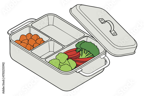 Isometric bento box illustration containing vegetables and snacks vector design for lunchbox concepts and healthy eating