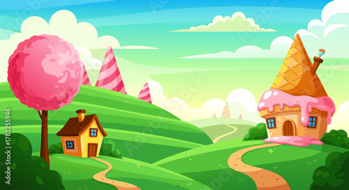 Candy Land Landscape with Ice Cream Cone House and Pink Tree Illustration