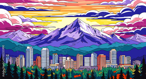 Vibrant Vector Illustration of a Modern City Skyline with Majestic Purple Mountains and Colorful Sunset Clouds, Blending Urban Architecture with Wild Nature