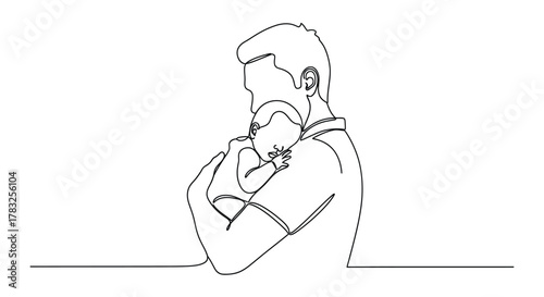 Father holding baby continuous line art embrace love