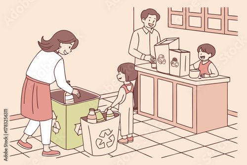 Family recycling together at home sorting waste into bins teaching children about environmental responsibility and sustainability