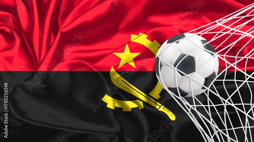 Football ball with the national flag of angola. Flag of angola. Horizontal Realistic waving flag of State of angola. Fabric textured flowing flag of angola