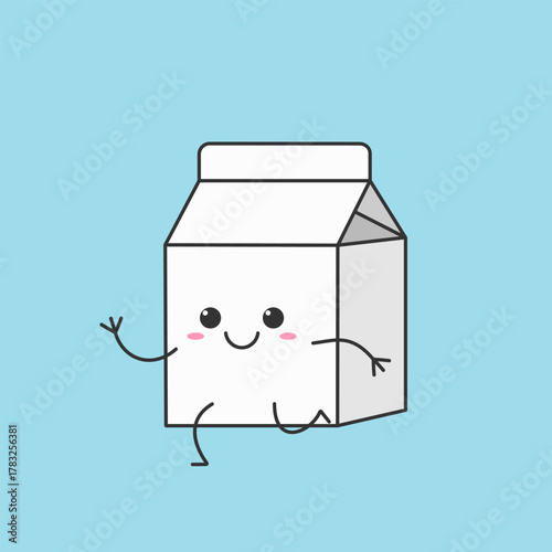 Beverage carton, carton for drinks, cute cartoon character running, smile face cheerful kawaii joy happy emotions icon vector illustration.