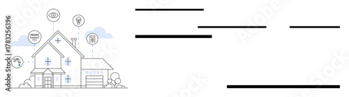 Modern house outline with icons representing connectivity, energy efficiency, security, automation, and sustainability. Ideal for technology, innovation, home automation, energy security