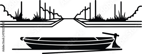 Illustrator boat swamp scene vintage style simple black Silhouette vector