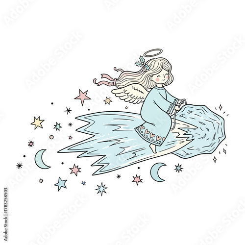 Celestial Journey: A whimsical illustration of a heavenly angel, rides on a comet with stars and moons, as she embarks on a celestial journey through the cosmos.