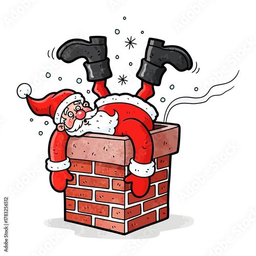 Santa Stuck in Chimney: An amusing illustration depicts Santa Claus finding himself in a humorous predicament, his lower half lodged in a chimney, surrounded by whimsical snowflakes.