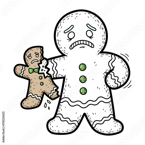 Gingerbread Man's Loss: A dejected gingerbread man mourns the breakage of his gingerbread friend. The somber scene embodies the bittersweet nature of loss during the holiday season.
