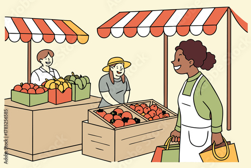 Happy woman at a farmers market buying fresh produce from vendors a vector illustration