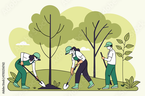 Team of volunteers planting trees green vector illustration of environmental conservation for ecology and sustainability projects