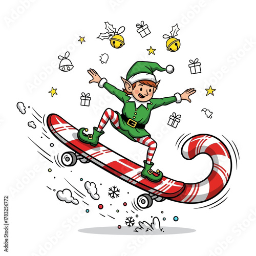 Festive Elf on a Candy Cane Skateboard: A whimsical illustration of a jovial elf, joyfully riding a candy cane-themed skateboard, against a backdrop of festive Christmas elements.