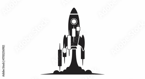 Rocket ship launch with stock market candlestick chart symbolizing financial growth and innovation